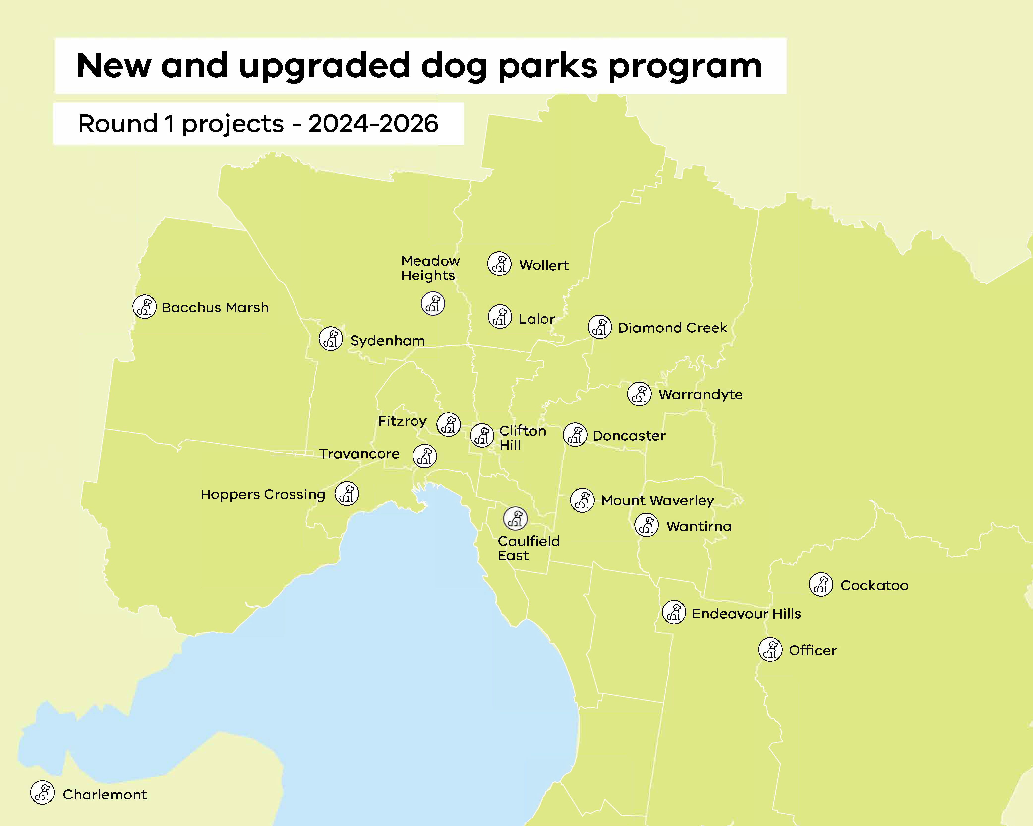 Map showing the locations of projects funded under Round 1 of the New and Upgraded Dog Parks Program. There are 19 locations displayed from suburbs across Melbourne and Geelong.