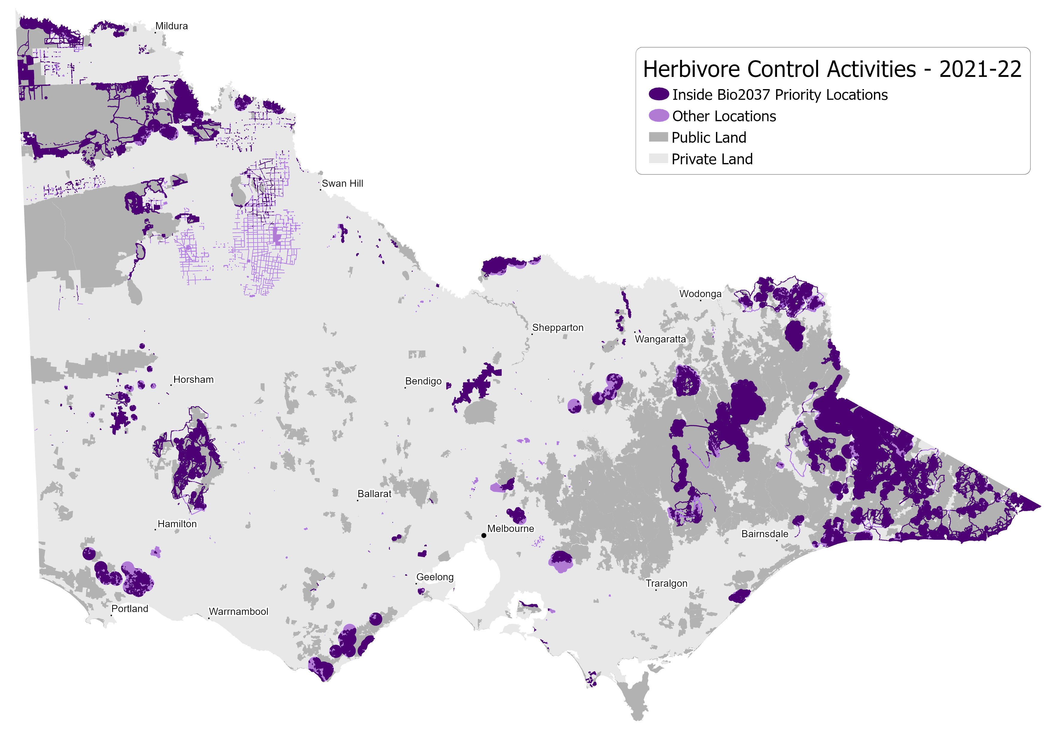 A map of Victoria, shaded with purple to indicate where pest herbivore control has been done in 2021-22