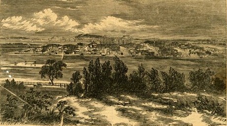 Emerald Hill from the St Kilda Road, 1863, showing a low hill rising from the otherwise flat floodplain of the lower Yarra