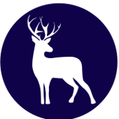 White silhouette of a deer, inside a navy blue circle