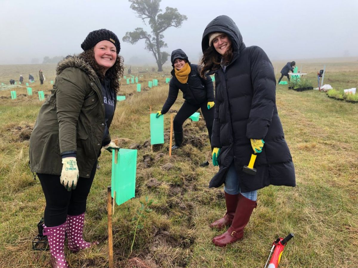 Three smiling women dressed in winter coats and gumboots are standing beside freshly planted trees with bright green tree guards. 