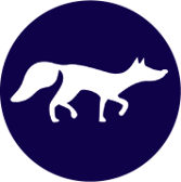 White silhouette of a fox, inside a navy blue circle