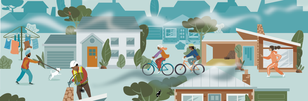 Website banner depicting people cycling, running and walking their dogs in a smoke filled neighbourhood.