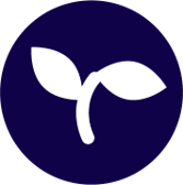 White silhouette of a plant sapling, inside a navy blue circle